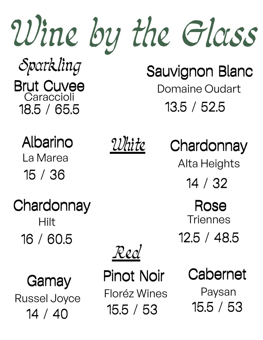 Wine by the glass menu: Caraccioli Brut Cuvée, Domaine Oudart Sauvignon Blanc, La Marea Albariño, Alta Heights and Hilt Chardonnay, Triennes Rosé, Russel Joyce Gamay, Florez Pinot Noir, Paysan Cabernet. Glass and bottle prices.